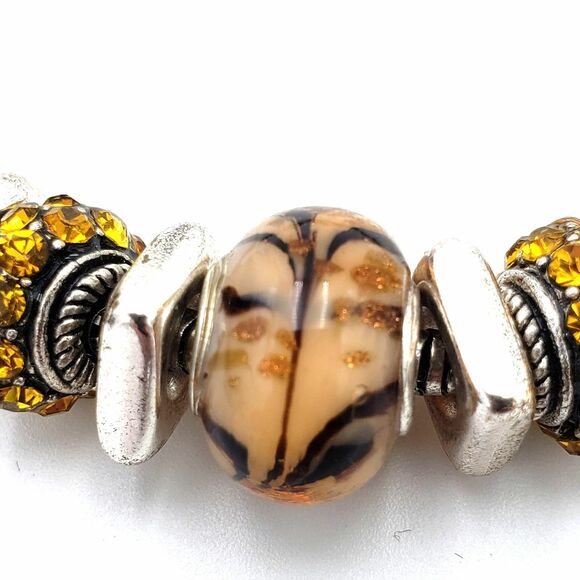 Silver Tone Glass Bead Charm Bracelet Honey Gold Cream Brown Neutral Chunky - Picture 3 of 7